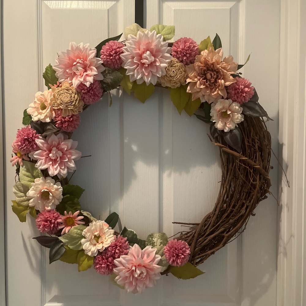 Floral Grapevine Wreath with Pink and Cream Flowers